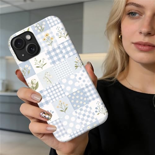 Coque antichoc iPhone 13 14 durable et anti-rayures à double couche protectrice patchwork bleu