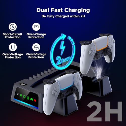 YOGES PS5 Cooling Station with Temperature Sensor, 2H Fast PS5 Dual Controller Charger Station, PS5 Stand Charging Station Accessories Cooler Fan for PlayStation 5