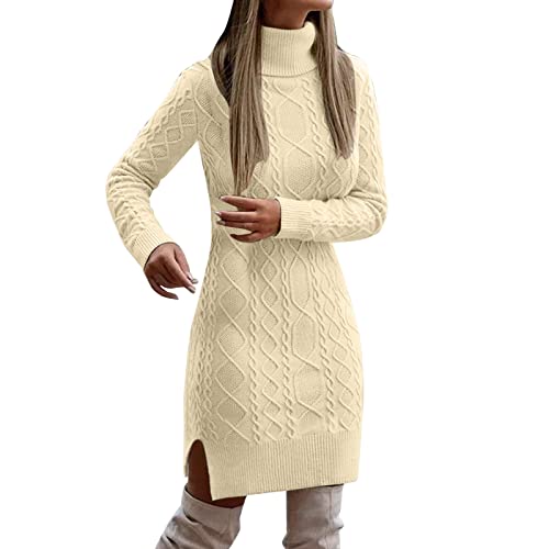 Robe tricotée coupe slim à col roulé pour femme en maille unie mi-longue