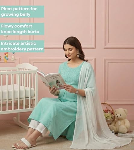 Image of DUMMY SHAPE Feeding Kurta Set for Women Cotton Blend | Floral Embroidered Pregnancy Kurta Pant Dupatta with Nursing Zippers | Pre & Post Partum | Maternity Dresses | Mom to Be Gifts