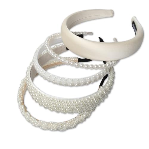 Cosmeria Haarreifen Damen Set, Mit Kunstperlen, 5er-Set, Bequem Und Stylisch Für Hochzeiten, Partys Und Alltag, Weiß Und Beige