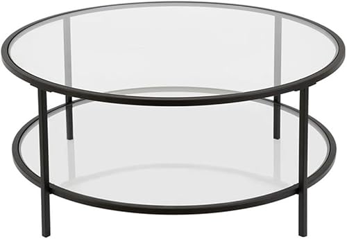 Miniatura 8 de Pemberly Row Mesa de centro redonda con base de metal de dos estantes en negro con tapa de vidrio