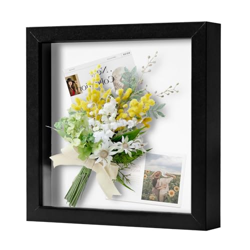 Muzilife 8x8 Shadow Box Picture Frame for Wall and Tabletop Display - Deep Wood & Glass Display Rustic Case Ready to Hang Memorabilia, Pins, Awards, Medals, Wedding, Tickets, and Photos, Black
