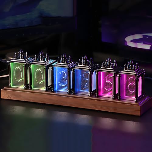 LIROPAU Nixie zegar lampowy z diodami LED RGB, funkcja pamięci wyłączania, data i godzina DIY, wiele trybów, przełącznik 12/24 godzin, zasilanie USB, do dekoracji prezentów