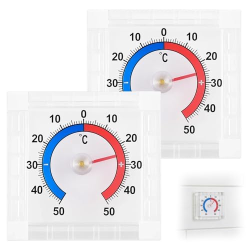 2er-Pack Aussenthermometer Wetterfest Fensterthermometer Aussen Mit Haftung Analoges Thermometer Für Fenster Und Kühlschrank Temperaturbereich -50 Bis +50 Grad