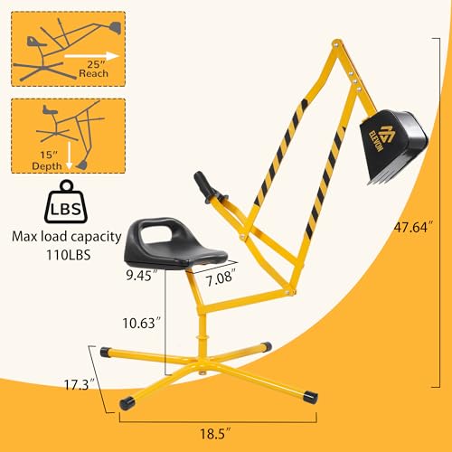 Sand Digger Kids Excavator Ride On Toy, Beach Toys Outdoor Sandbox Toy Digger, Steel Excavator Crane Rotates 360 with Stabilizing Base, Sand Toys Backyard Sandbox, Dirt and Snow - Yellow2