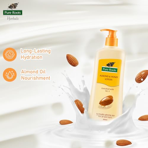 Image of Pure Roots Body Lotion Honey & Almond 400ml - Pack of 2 - Nourishing Body Lotion All Skin Types, Instant Hydration In Summer, Fast Absorbing and Non-sticky Moisturizer for Men & Women