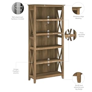 Bush furniture key west tall 5 shelf bookcase in reclaimed pine large book shelf large bookshelf for living room or office  urban country home decor
