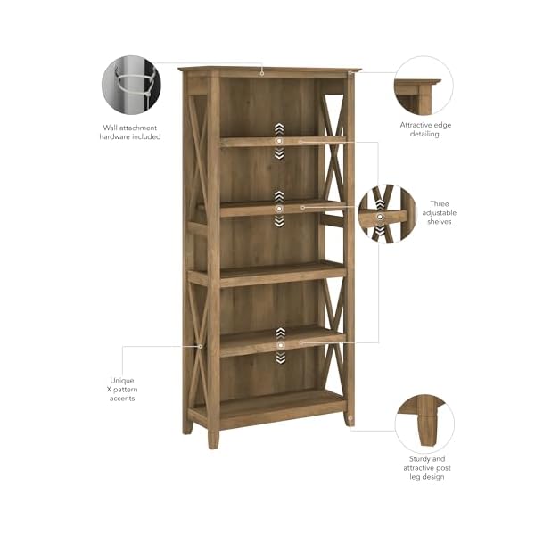 Bush furniture key west tall 5 shelf bookcase in reclaimed pine large book shelf large bookshelf for living room or office  urban country home decor