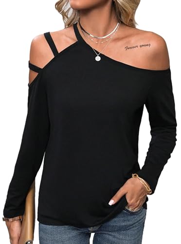 LilyCoco Women's Cold Shoulder Long Sleeve Top Asymmetrical Loose Casual Shirts4