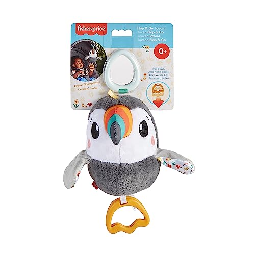 Fisher-Price Toucan À Agiter Partout Jouet en Peluche pour Poussettes, Jouet Sensoriel Qui Claque À Texture Froissée avec Battements D’Ailes, Jouet Enfant, Dès La Naissance, HNX66