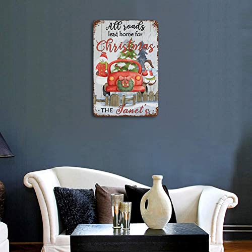 All Roads Lead Home Tin Signs Snowman Truck Decorative Christmas Trees Tin Plaque Plate Retro Vintage Metal Signs Outdoor Hanging Wall Plaque Kitchen 8X12 Inch #TOP3