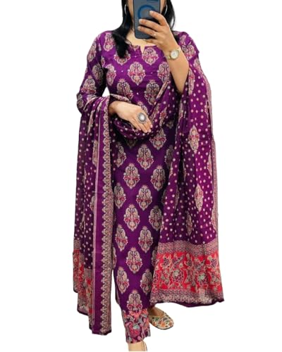 Pantalon droit et Dupatta magenta en viscose pour vos sorties estivales et soirées