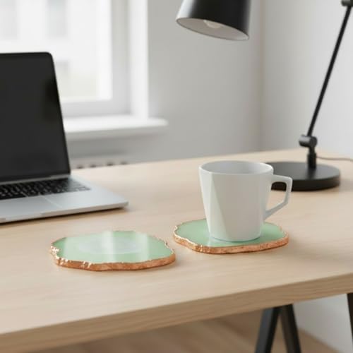 Image of Pack of 2 Agate Stone Rose Gold Plated Coaster | Tea Coaster for Dining Table | Coasters for Cups Set | Dining Table Decorative Item for Table | Vintage Handmade Coasters | Green