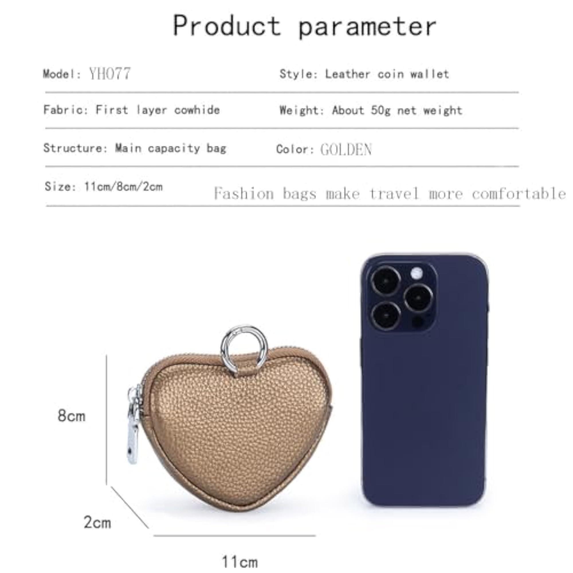 Leather Zipper Coin Purse, Heart Shaped Wallet