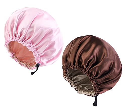 PANSYFEN 2 pcs Bonnet en Satin Réglable Bonnet en Soie Grand Bonnet Satin Cheveux Nuit pour Cheveux Longs et Bouclés Bonnet Réglable Rurdimensionné à Double Couche Rose + Marron