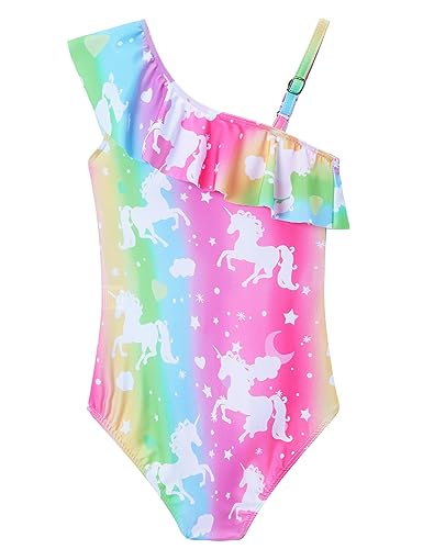 Image of Snowheart Girls Swimsuit Adjustable Shoulder Strap UPF50+ One-Shoulder Ruffle Bathing Suit 3-12T