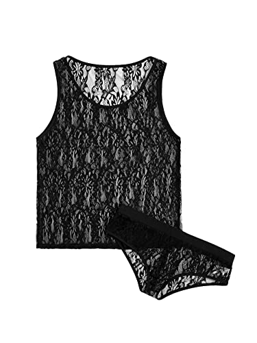 WDIRARA Men's Sleepwear 2 Piece Pajama Sets Floral Lace Mesh Tank Top and Panty Set