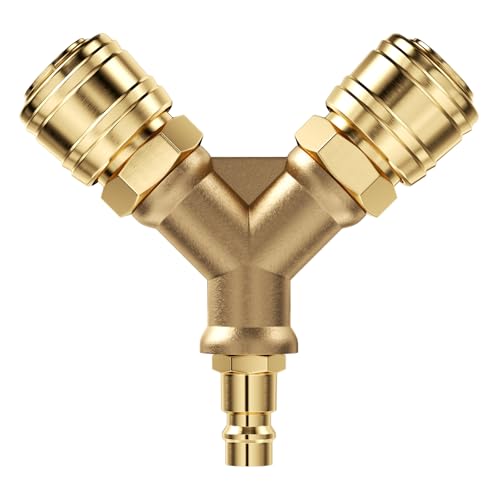 Elsrantor Druckluftkupplung, Druckluftverteiler 1/4-Zoll, Messing Druckluft Verteiler, Druckluft y Verteiler 2-Fach, Druckluftweiche mit 2 Kupplungen, Luftschlauch Schnellkuppler Verteiler