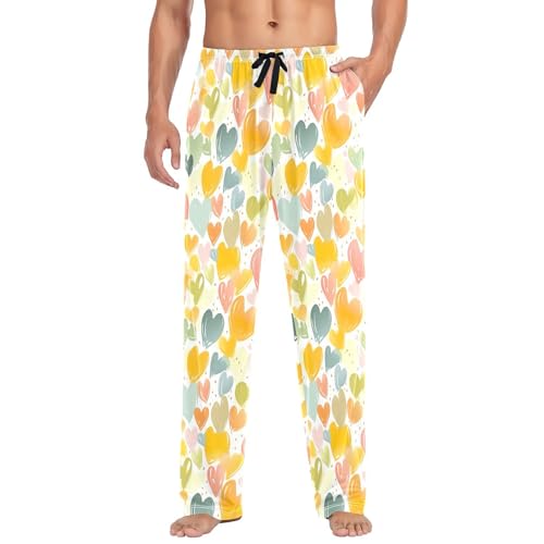 Men's Colourful Heart Pajama Pants with Pockets - Straight Fit Cotton Sleep Bottoms for Lounge & Nightwear#142