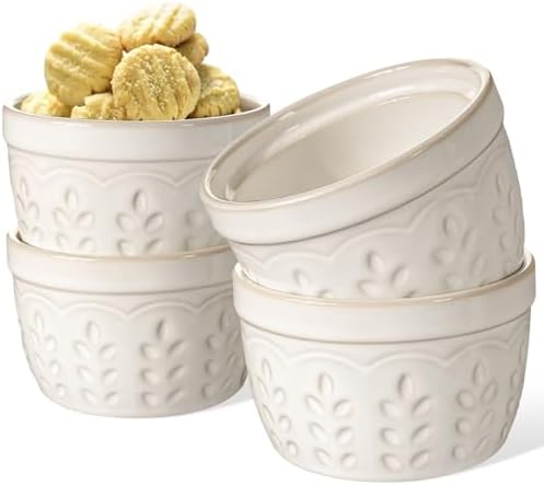 Artena Ramekins Oven Safe, Creme Brulee Ramekins, Embossed White Ceramic Souffle Pudding Custard Cups, Baking Dish, Dipping Bowls, Sauce Cups, Set Of 4 (Wheat Leaf, 8 oz)