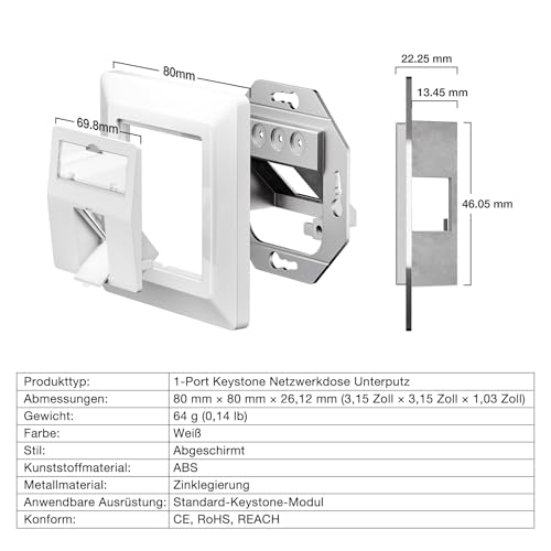 LEENUE 1 x 1-Port CAT 7 Netzwerkdose Unterputz + 1 x CAT 7 Keystone RJ45 Modul, Lan Ethernet Dose Buchse Einbaubuchse 10 Gbit/s, Weiß