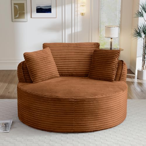 Image of Antetek 53.5-inch Round Chair, Modern Accent Corduroy Comfy Deep Seat Boneless Foam Floor Single Circle Chaise Sofa Chair with 3 Pillows for Living Room Bedroom Office, No Assembly Required, Orange