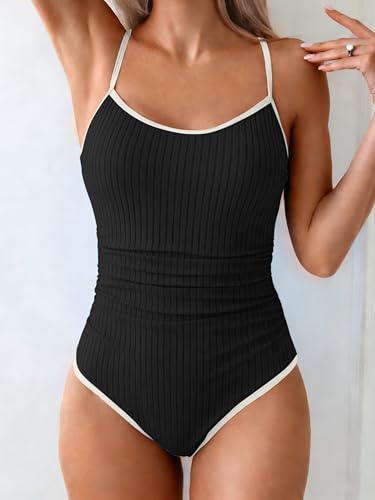 Image of Eomenie Women's One Piece Swimsuit Tummy Control Slimming Bathing Suit Color Block Spaghetti Strap 1 Piece Swim Suit Swimwear