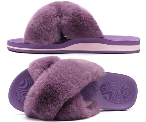 Image of COFACE Womens Fuzzy Slides Fluff Faux Fur Cross Slippers Open Toe Yoga Mat House Slipper Sandals With Arch Support For Indoor /Outdoor