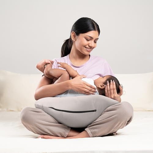 Image of Wakefit Nursing Pillow for Breastfeeding & Baby Care | 5 in 1 Feeding Pillow with Bamboo Waterproof Removable Cover | Super Soft & Machine Washable Waterproof Cover | Grey