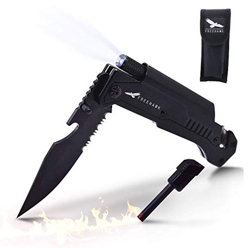 FREEHAWK® Multifunctional High Quality Potable Outdoor Knife Survival Tactical Knife Outdoor Folding Knife with Led Light, Flintstone for Outdoor Adventure, Camping, Household