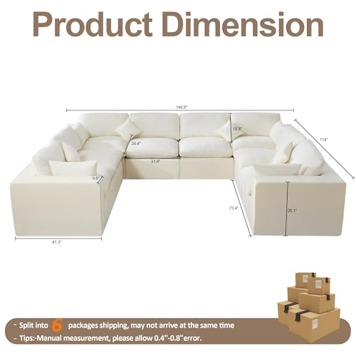 Image of 146''Cloud Boneless Sectional Couch, Modular Sectional Sofa Deep Seat, Oversized Upholstered Convertible Comfy 8 Seater Chenille Memory Foam Sofa U Shape Couches for Living Room, Beige
