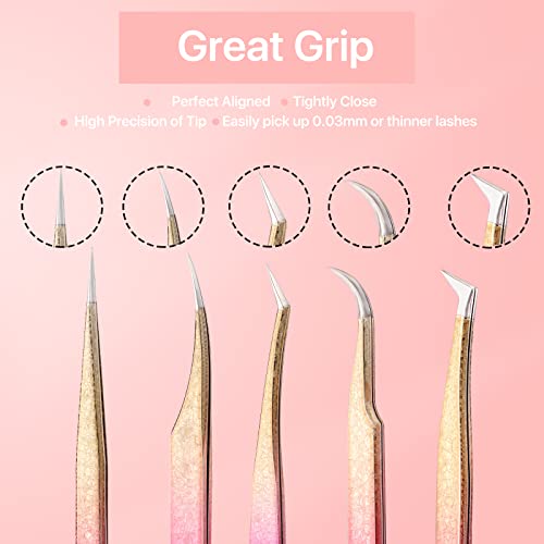 Miuffue 5 PCS Professional Lash Tweezers Set, Stainless Steel Lash Extension Tweezers, Eyelash Extension Tweezers for for Volume, Isolation and Classic Lashes — view 4