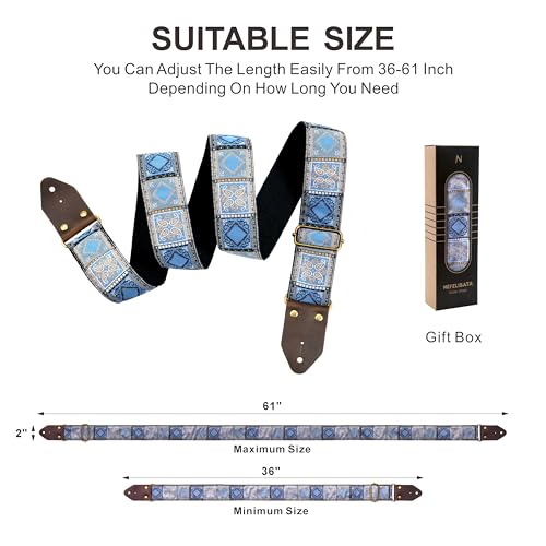 Image of Nefelibata Guitar Strap,Crazy Horse Leather Jacquard Embroidery Cotton Guitar Straps for Bass, Electric & Acoustic, Best Gifts for Guitarists(Boho Light Blue Chequered)