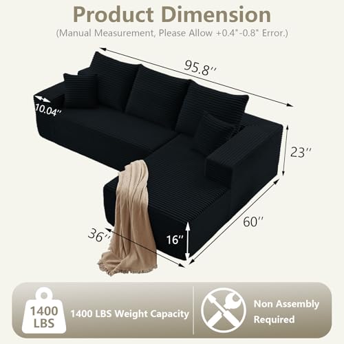 Image of 95.8 inch Cloud Sectional Couch with L-Shape Chaise, Modern Modular Comfy Sofa Chaise Longue, Upholstered Corduroy Couches Sleeper with Deep Seat for Living Room Bedroom, No Assembly Required, Black