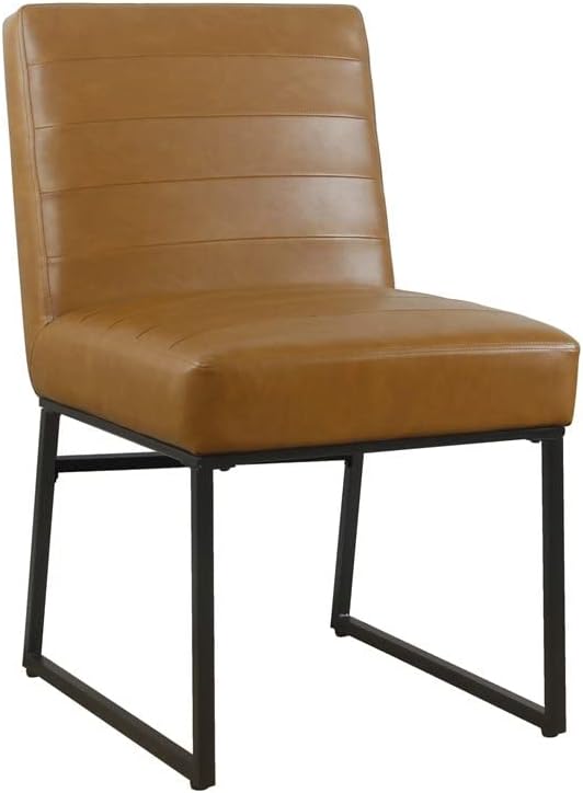 HomePop Decoración del hogar  Paquete individual de silla de comedor de metal canalizado, piel sintética marrón
