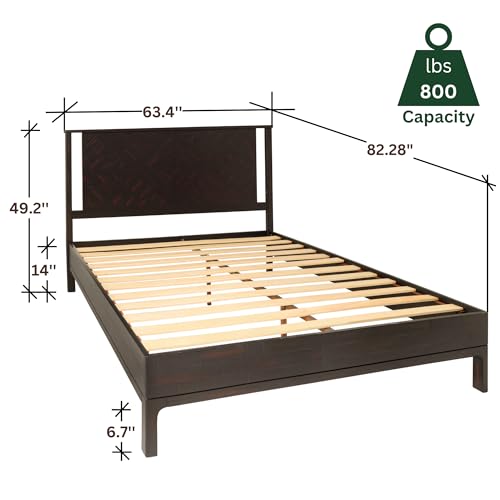 Image of Bme Ethan Queen Bed Frame with Diamond Headboard, Mid-Century Modern, Solid Acacia Wood, No Box Spring Needed, Fits All Mattresses, Rustic Black
