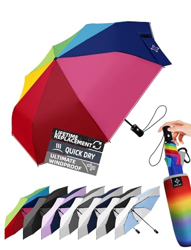 LILAC Windproof Travel Umbrella for Rain - 43 Auto Open Close 8-Rib Compact Vibrant Rainbow Design Symbol of Hope & Covenant with Multipurpose Absorbent Pouch