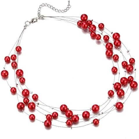 FULU AUTUMN Layered Pearl Necklace Beaded Silver Choker Handmade Boho Statement Costume Necklaces Fashion Jewellery Gifts for Women