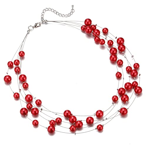 Collier perles multi-rangs rouge élégant pour mariage et soirées chic