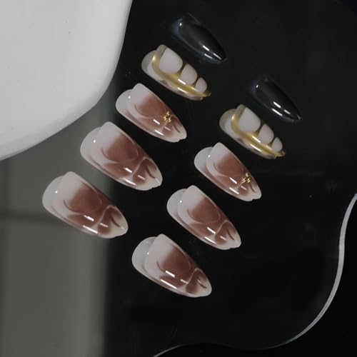 VOTACOS Gold Brown Acrylic Press on Nails Almond Medium Black Fake Nails Press Ons with Designs Fall Flower Glue on Nail for Women 24PCS Golden Bead Glossy Reusable Artificial Stick on False Nail — view 4