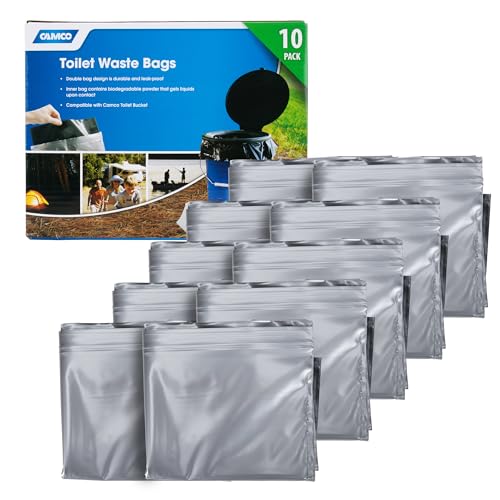 Camco Toilet Waste Bags - Features a Biodegradable Powder & Leak Proof Double Bag Design - Great for Camping, RVing, Hiking, or Boating - 10-Pack (41548)