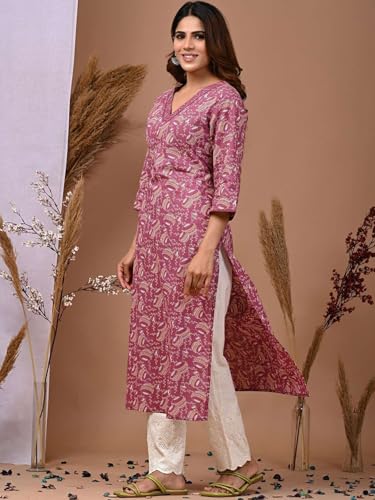 Image of Rimeline Women's Cotton Printed Kurta with Embroidered V-Neck Detail | Straight Fit Ethnic Wear for Casual, Office & Daily Use