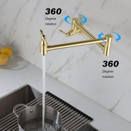 Pot Filler Faucet Wall Mounted, Brushed Gold Pot Filler Solid Brass Folding Sink Faucet With Double Joint Swing Arm And Single Hole 2 Handles #TOP3