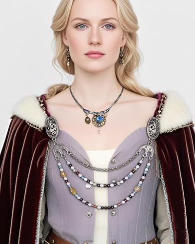 L'VOW Viking Apron Brooch Cloak Clasp Brooches with Bead Chain for LARP Cosplay Costume Norse Accessories4
