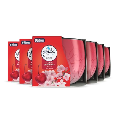Glade Scented Candle Sleeved, Infused with Essential Oils, Made without Palm oil, Up to 25 Hour Burn Time, Floral Cherries, Pack of 6 (6x 108g), Packaging May Vary