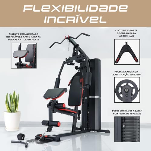 Estação de Musculação para Casa, 25 Exercícios, Até 100kg, Preto/Vermelho