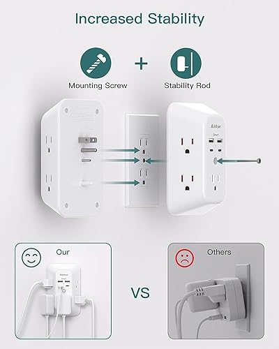 Power Bar, USB Wall Charger Surge Protector 5 Outlet Extender with 4 USB Charging Ports (2 USB C), Multi Plug Outlet, 3-Sided 1800J Power Strip Outlets Splitter Wall Plug Adapter f image 2