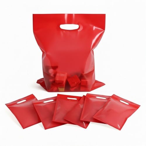 Odseciran 100 Pack Plastic Party Favor Bags with Handles Goodie Treat Bags Bulk Party Gift Bags for Candy Weddings Church & Holiday Events Multiple Sizes(Red 6 X 8)