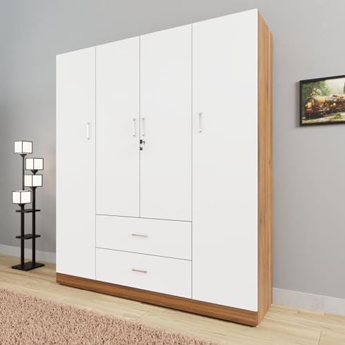 Image of VIKI Wardrobe | Wooden Almirah for Clothes,Door for Bedroom, 4 Door Wardrobe with Drawer & Hanging Space (Brussel Walnut, Frosty White - 40D x 160W x 180H) | 1 Year Warranty | Free Assembly
